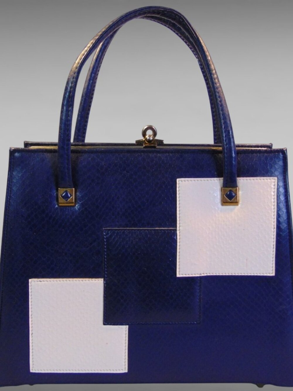 Vintage 50s 60s Navy Leather Handbag Geometric MCM Atomic Frame Purse
